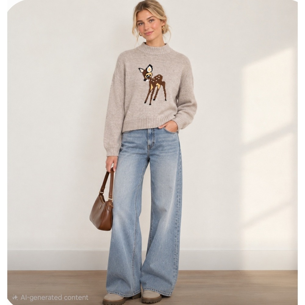 Disney Bambi Sweater Womens Small Beige Mock Neck Graphic Knit Pullover